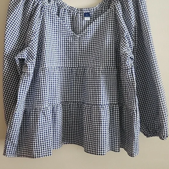 Old Navy Blue White Gingham Puff Sleeve Blouse Babydoll Top Feminine Prarie - Picture 4 of 7